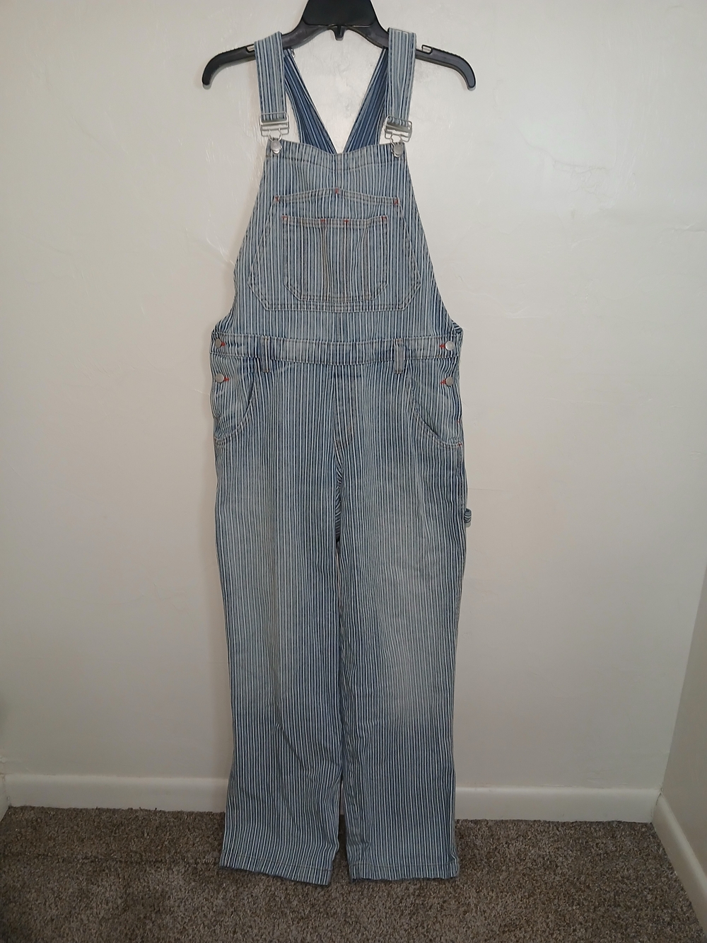 Women's Sz. M Blue & White Striped Denim Overalls